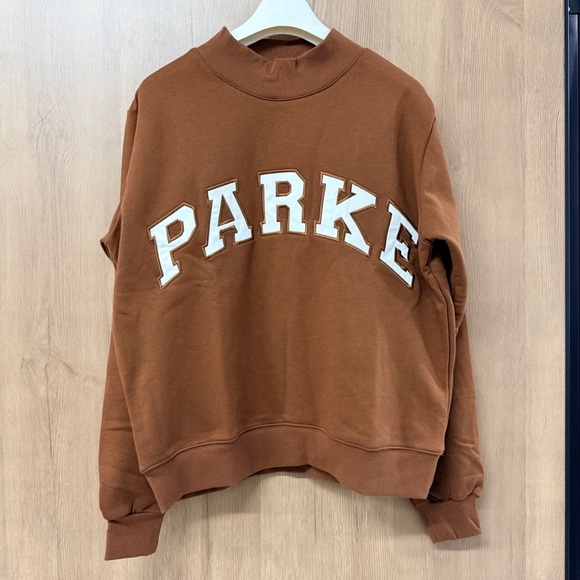 Parker Tops - Parke Tan Mock Neck Sweatshirt | Varsity Logo Crewneck